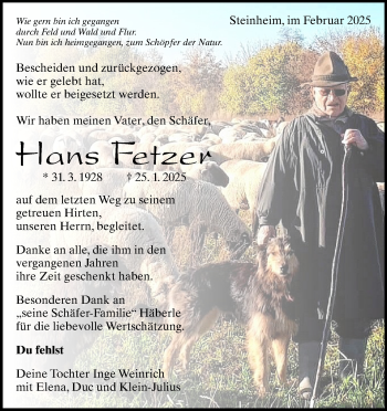 Traueranzeige von Hans Fetzer von Heidenheimer Zeitung