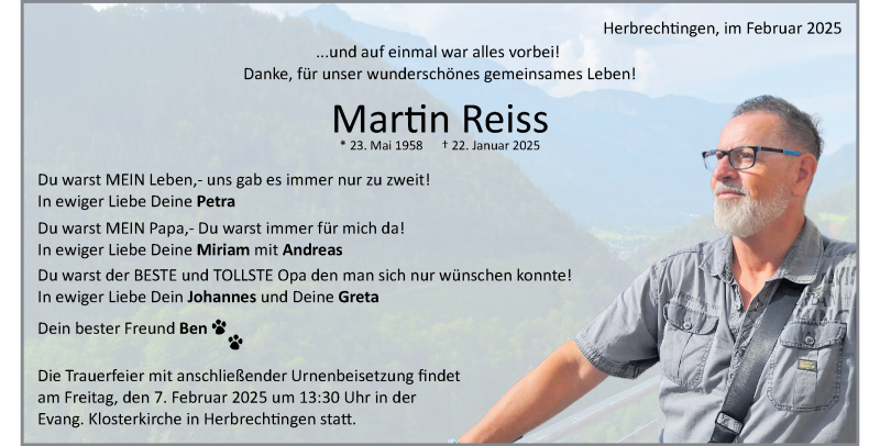 Traueranzeige für Martin Reiss vom 03.02.2025 aus Heidenheimer Zeitung