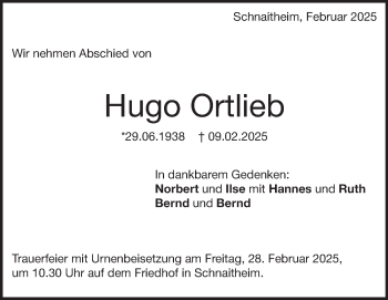 Traueranzeige von Hugo Ortlieb von Heidenheimer Zeitung