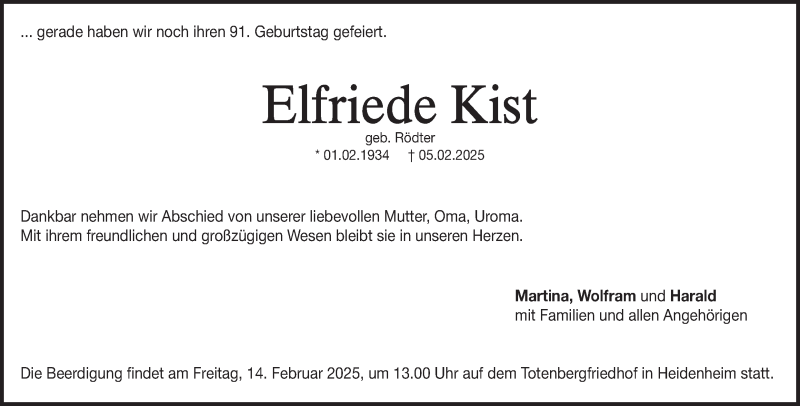  Traueranzeige für Elfriede Kist vom 08.02.2025 aus Heidenheimer Zeitung