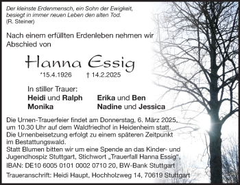 Traueranzeige von Hanna Essig von Heidenheimer Zeitung