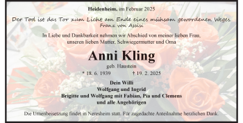 Traueranzeige von Anni Kling von Heidenheimer Zeitung