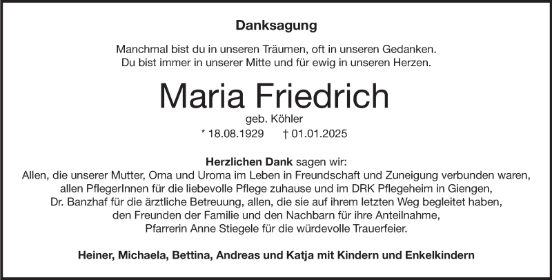  Traueranzeige für Maria Friedrich vom 15.02.2025 aus Heidenheimer Zeitung