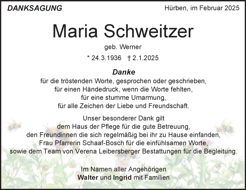  Traueranzeige für Maria Schweitzer vom 08.02.2025 aus Heidenheimer Zeitung