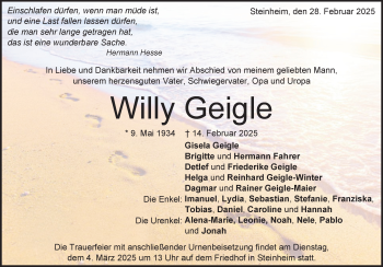 Traueranzeige von Willy Geigle von Heidenheimer Zeitung