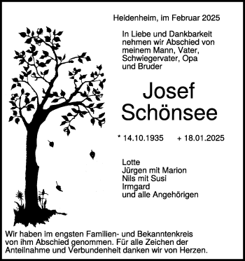 Traueranzeige von Josef Schönsee von Heidenheimer Zeitung