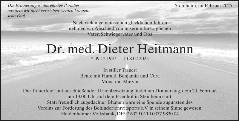  Traueranzeige für Dr. med. Dieter Heitmann vom 12.02.2025 aus Heidenheimer Zeitung