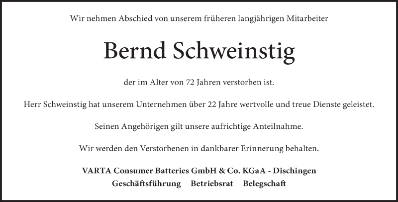 Traueranzeige für Bernd Schweinstig vom 01.02.2025 aus Heidenheimer Zeitung