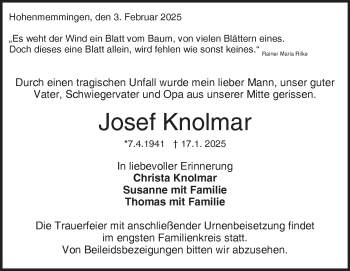Traueranzeige von Josef Knolmar von Heidenheimer Zeitung