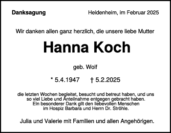 Traueranzeige von Hanna Koch von Heidenheimer Zeitung