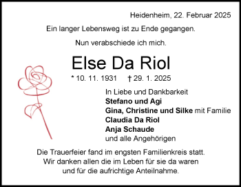 Traueranzeige von Else Da Riol von Heidenheimer Zeitung