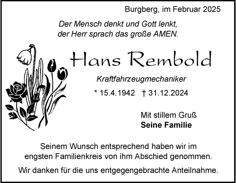  Traueranzeige für Hans Rembold vom 01.02.2025 aus Heidenheimer Zeitung