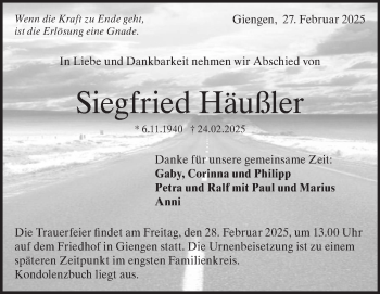 Traueranzeige von Siegfried Häußler von Heidenheimer Zeitung