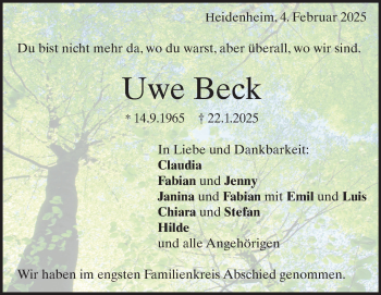 Traueranzeige von Uwe Beck von Heidenheimer Zeitung