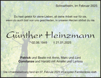 Traueranzeige von Günther Heinzmann von Heidenheimer Zeitung