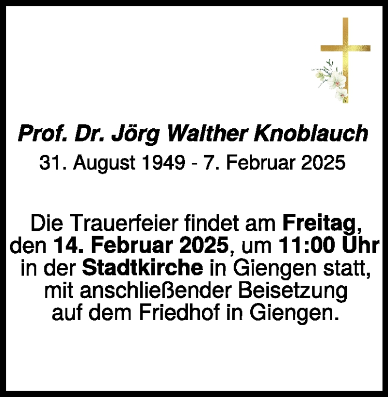  Traueranzeige für Jörg Knoblauch vom 13.02.2025 aus Heidenheimer Zeitung