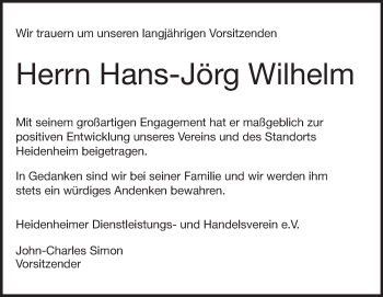 Traueranzeige von Hans-Jörg Wilhelm von Heidenheimer Zeitung