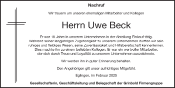 Traueranzeige von Uwe Beck von Heidenheimer Zeitung