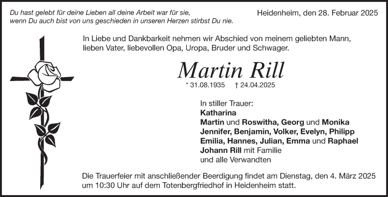  Traueranzeige für Martin Rill vom 28.02.2025 aus Heidenheimer Zeitung