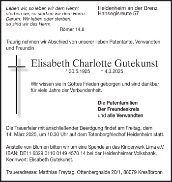 Traueranzeige von Elisabeth Charlotte Gutekunst von Heidenheimer Zeitung