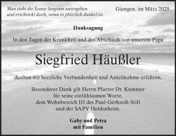 Traueranzeige von Siegfried Häußler von Heidenheimer Zeitung