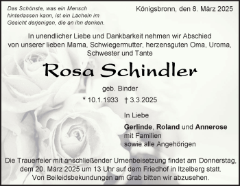Traueranzeige von Rosa Schindler von Heidenheimer Zeitung