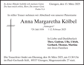 Traueranzeige von Anna Kölbel von Heidenheimer Zeitung