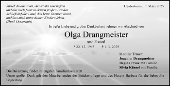 Traueranzeige von Olga Drangmeister von Heidenheimer Zeitung