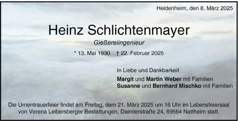  Traueranzeige für Heinz Schlichtenmayer vom 08.03.2025 aus Heidenheimer Zeitung