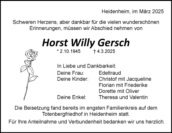Traueranzeige von Horst Willy Gersch 