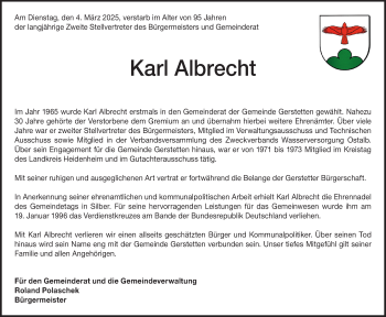Traueranzeige von Karl Albrecht von Heidenheimer Zeitung