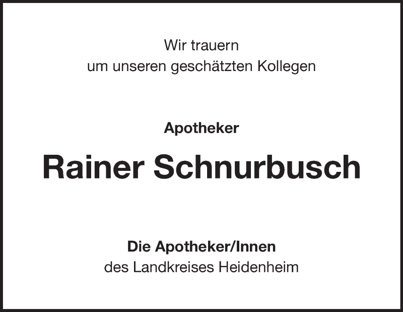  Traueranzeige für Rainer Schnurbusch vom 29.03.2025 aus Heidenheimer Zeitung