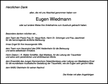 Traueranzeige von Eugen Wiedmann von Heidenheimer Zeitung