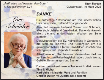 Traueranzeige von Lore Schröder von Heidenheimer Zeitung