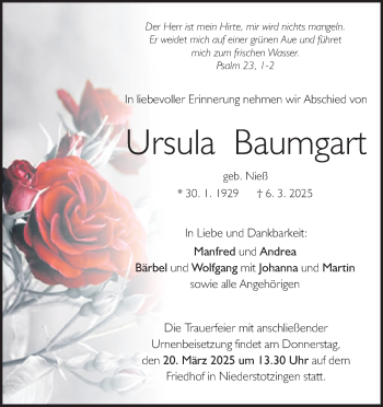Traueranzeige von Ursula Baumgart von Heidenheimer Zeitung