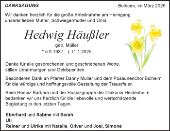 Traueranzeige von Hedwig Häußler von Heidenheimer Zeitung