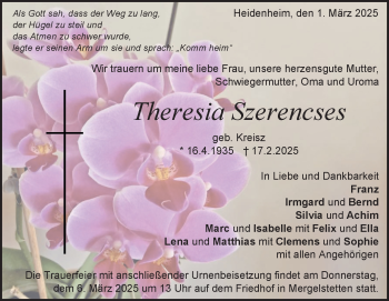 Traueranzeige von Theresia Szerencses von Heidenheimer Zeitung