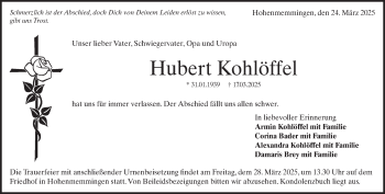 Traueranzeige von Hubert Kohlöffel von Heidenheimer Zeitung