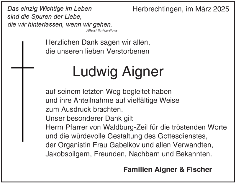  Traueranzeige für Ludwig Aigner vom 15.03.2025 aus Heidenheimer Zeitung