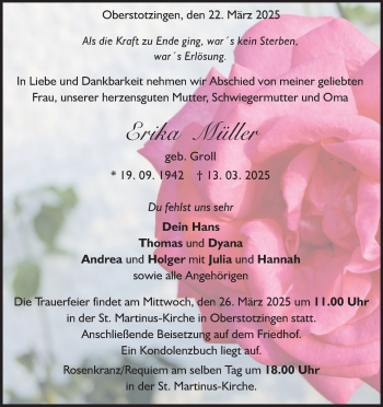Traueranzeige von Erika Müller von Heidenheimer Zeitung
