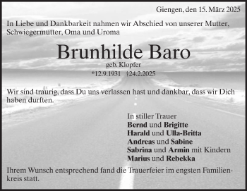 Traueranzeige von Brunhilde Baro von Heidenheimer Zeitung