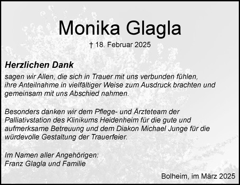  Traueranzeige für Monika Glagla vom 17.03.2025 aus Heidenheimer Zeitung