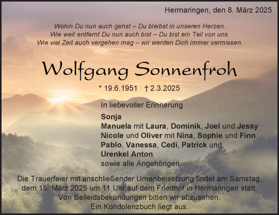 Traueranzeige von Wolfgang Sonnenfroh 