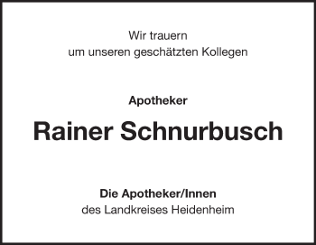 Traueranzeige von Rainer Schnurbusch von Heidenheimer Zeitung