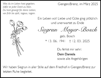 Traueranzeige von Siegrun Mayer-Bosch von Heidenheimer Zeitung