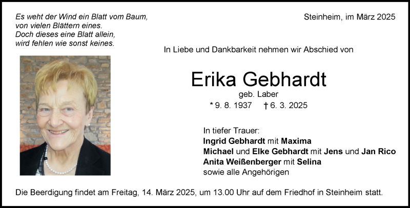  Traueranzeige für Erika Gebhardt vom 11.03.2025 aus Heidenheimer Zeitung