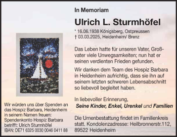 Traueranzeige von Ulrich Sturmhöfel von Heidenheimer Zeitung