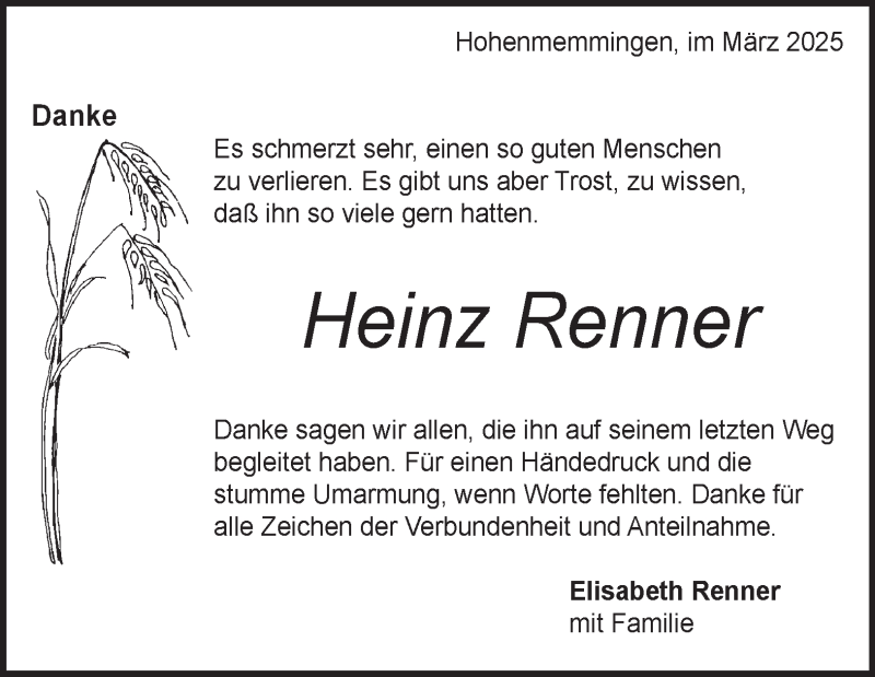  Traueranzeige für Heinz Renner vom 13.03.2025 aus Heidenheimer Zeitung