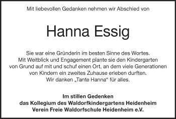 Traueranzeige von Hanna Essig von Heidenheimer Zeitung