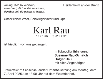 Traueranzeige von Karl Rau von Heidenheimer Zeitung
